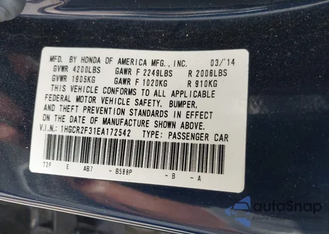 2014 Honda Accord Lx from USA, damaged, VIN 1HGCR2F31EA172542